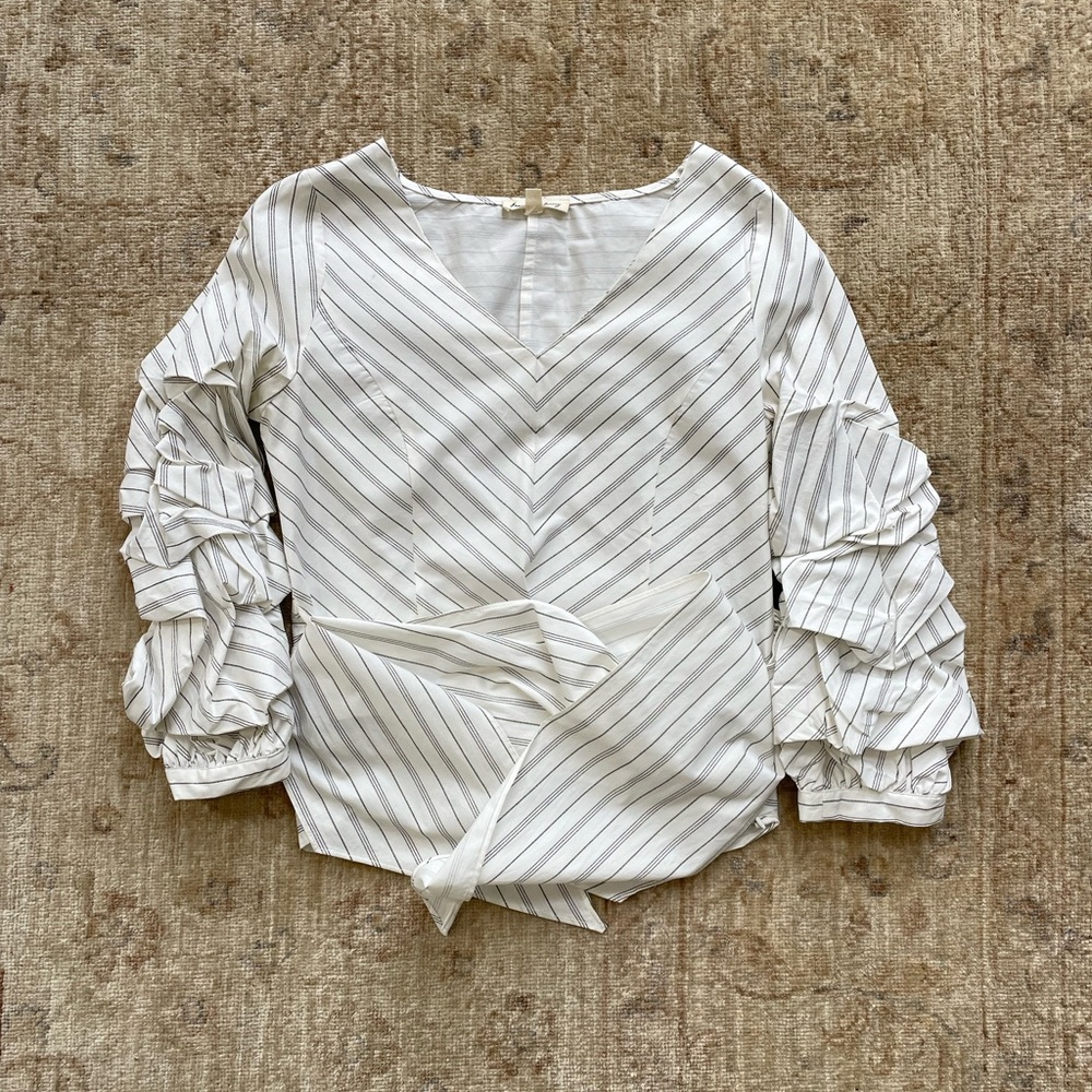 White Cotton Blouse with Fine. lack pinstripes by Jane and Delanxy, size XS